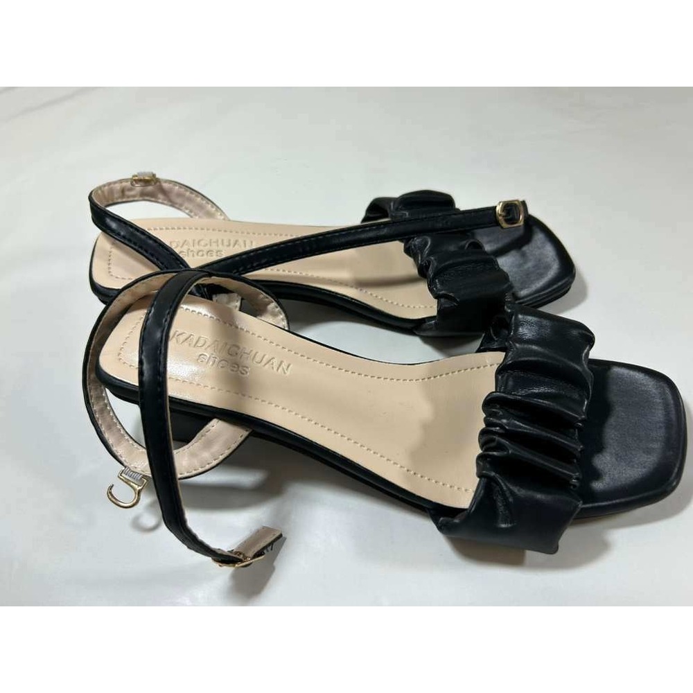 Kadaichuan Black Ruched Square Toe‎ Block Heel Sandals Size 38 Ankle Strap